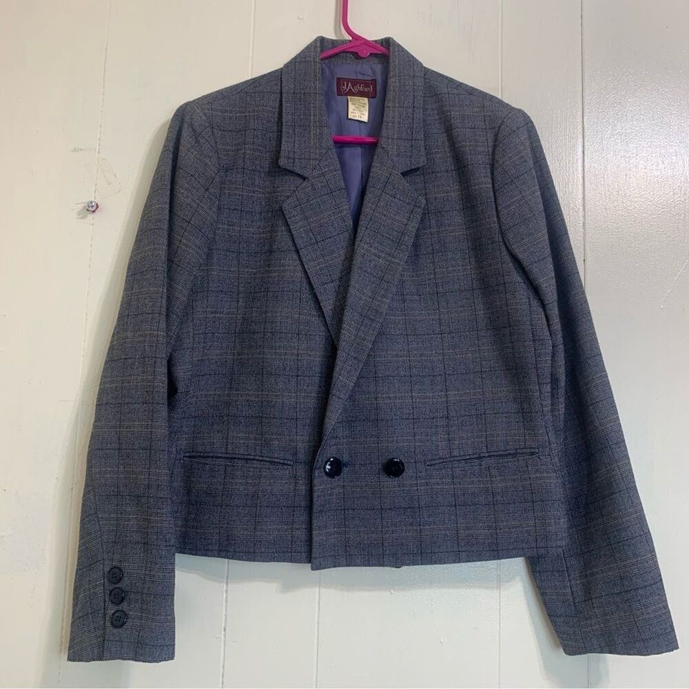 J.Ashford Vintage Crop Blazer Size 11 Gray Plaid Long Sleeve Button Closure